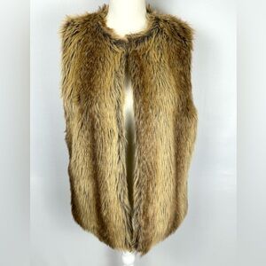 Red Snap Faux Fur Vest Beige Brown Lined Outerwear Retro Apres Ski Large